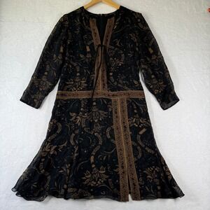 Barbara Bui Black Gold‎ Silk Paisley Chiffon Dress V-Neck Tie Ruffle Hem Size 40